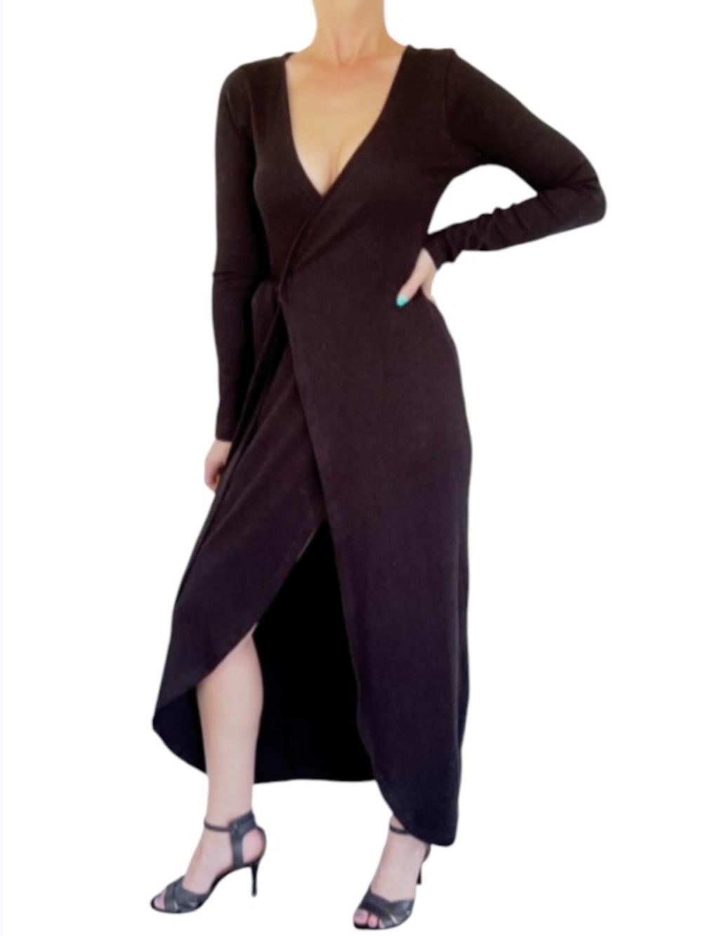 Nasty Gal black ribbed knit long sleeve midi length v-neck wrap dress size 2